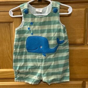 Little Wishes Boy’s Green Striped JonJon w/Whale & Bubbles Appliqué Size 6-12M